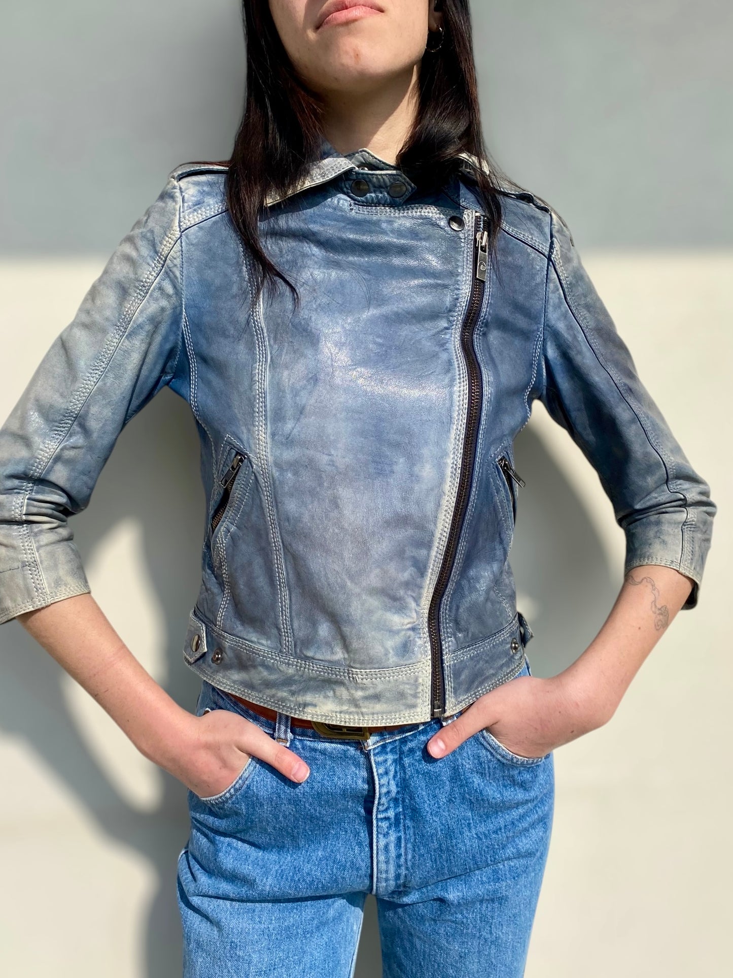 Vintage sky blue leather biker jacket