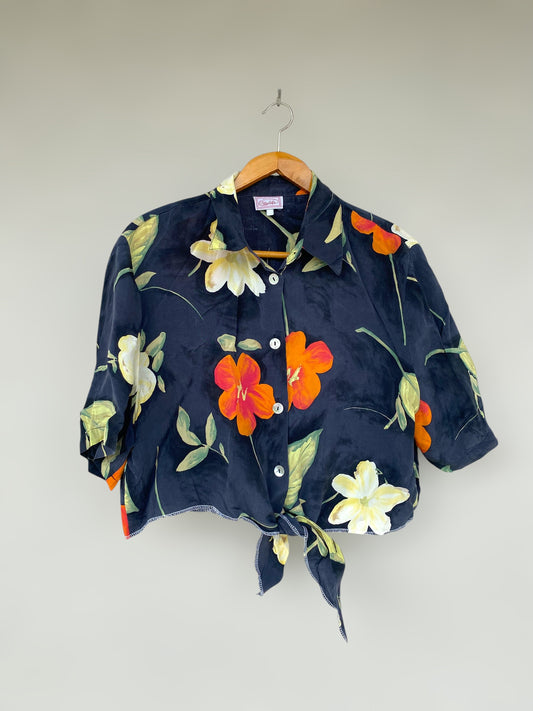 Dark floral reworked cropped vintage shirt