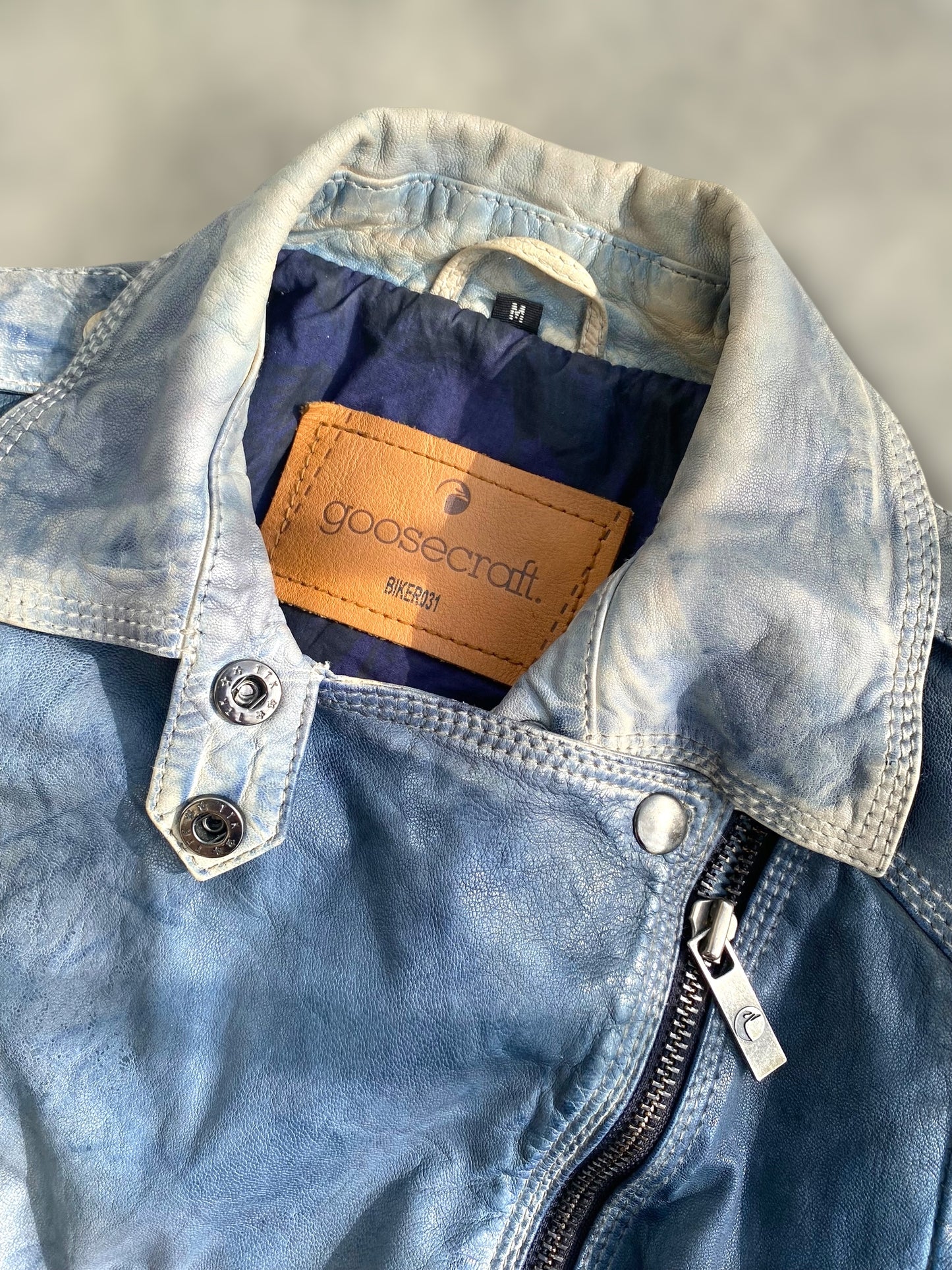 Vintage sky blue leather biker jacket