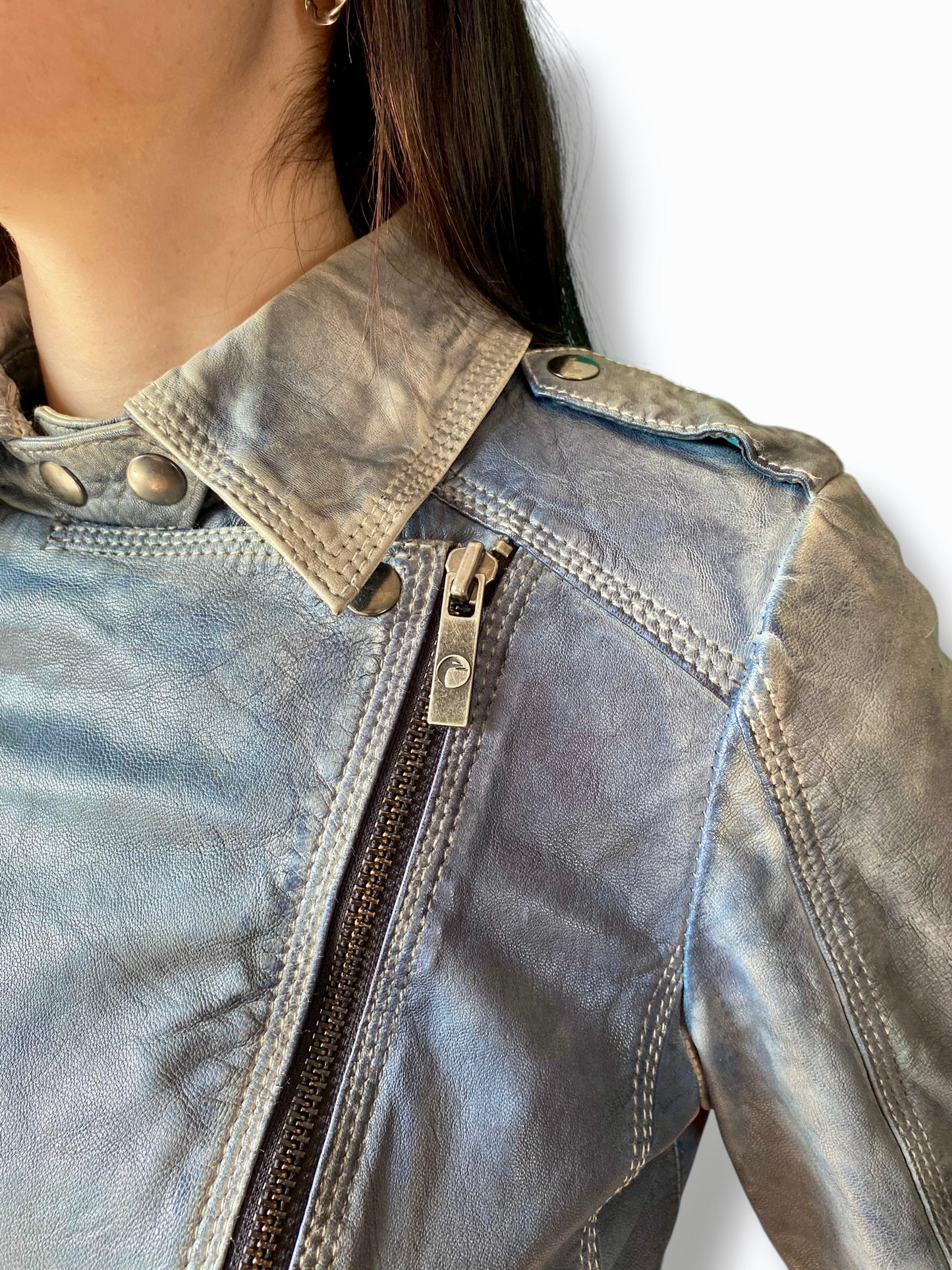 Vintage sky blue leather biker jacket