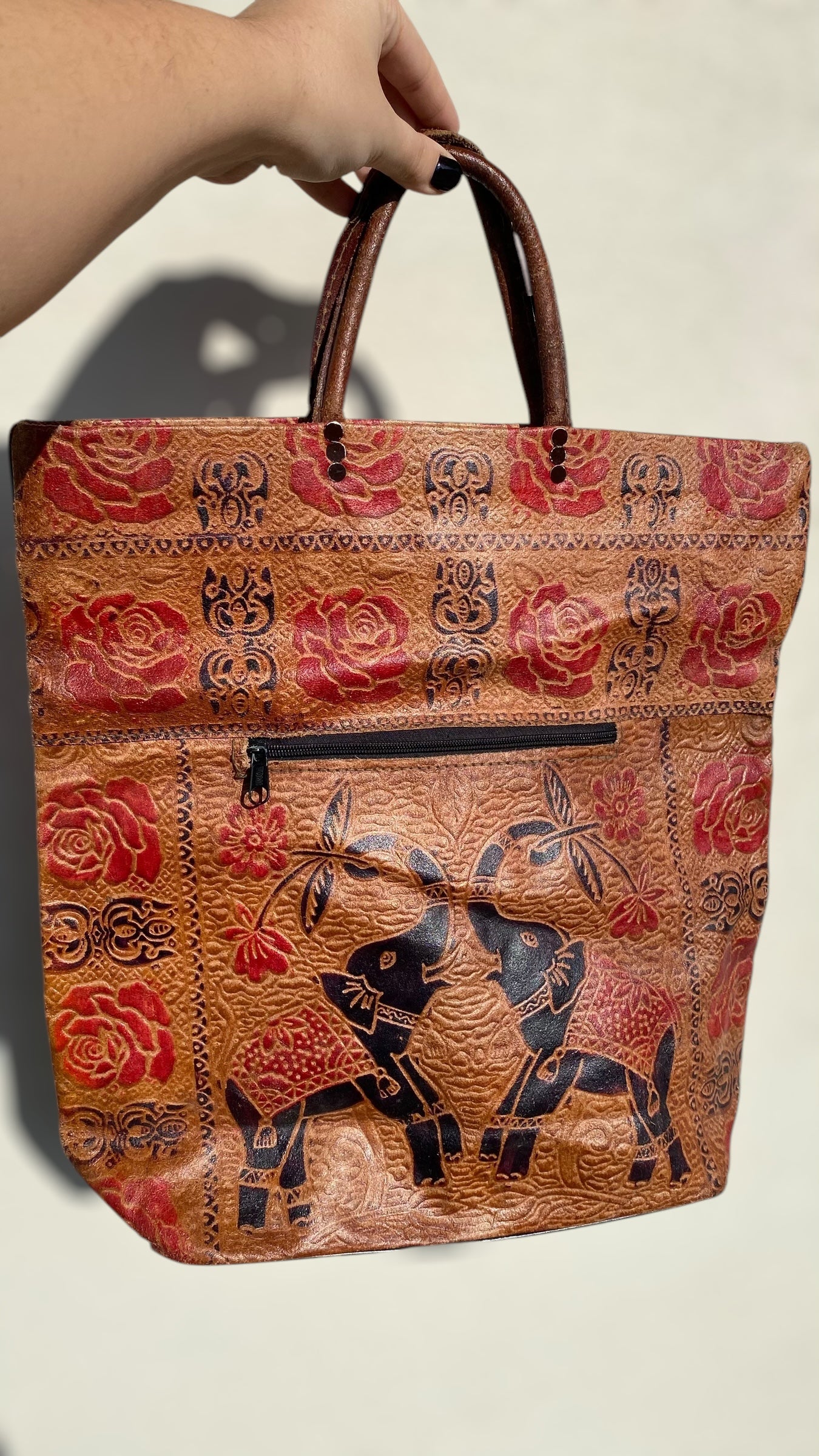 Vintage Shantiniketan leather tote bag with elephants