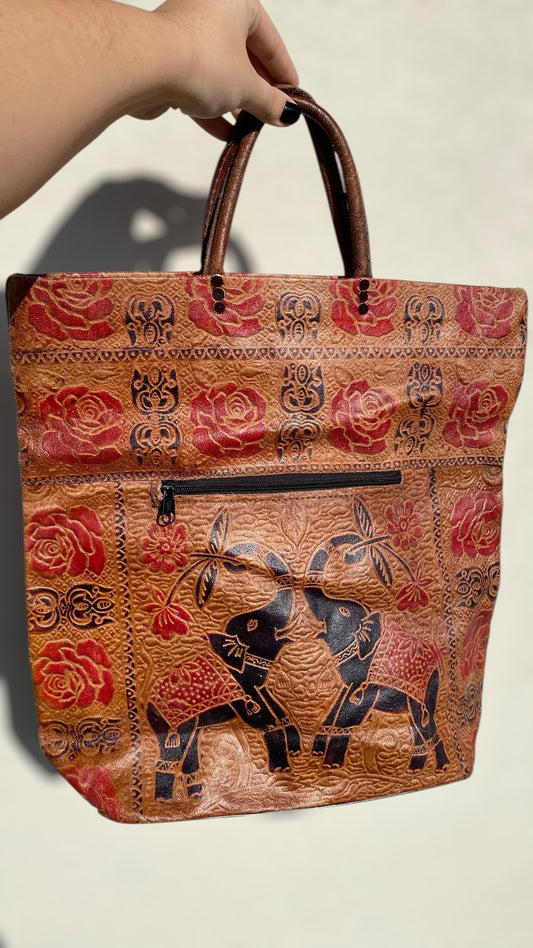 Vintage Shantiniketan leather tote bag with elephants