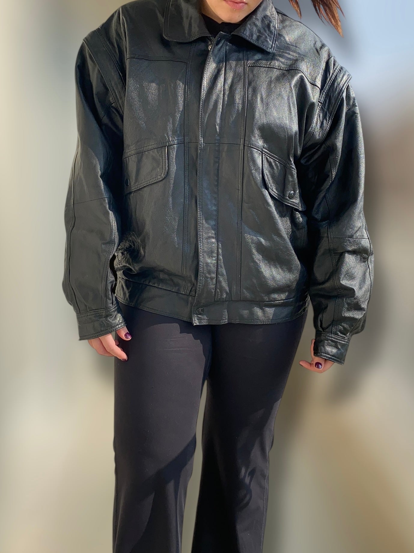 Black bomber leather jacket 2 in 1