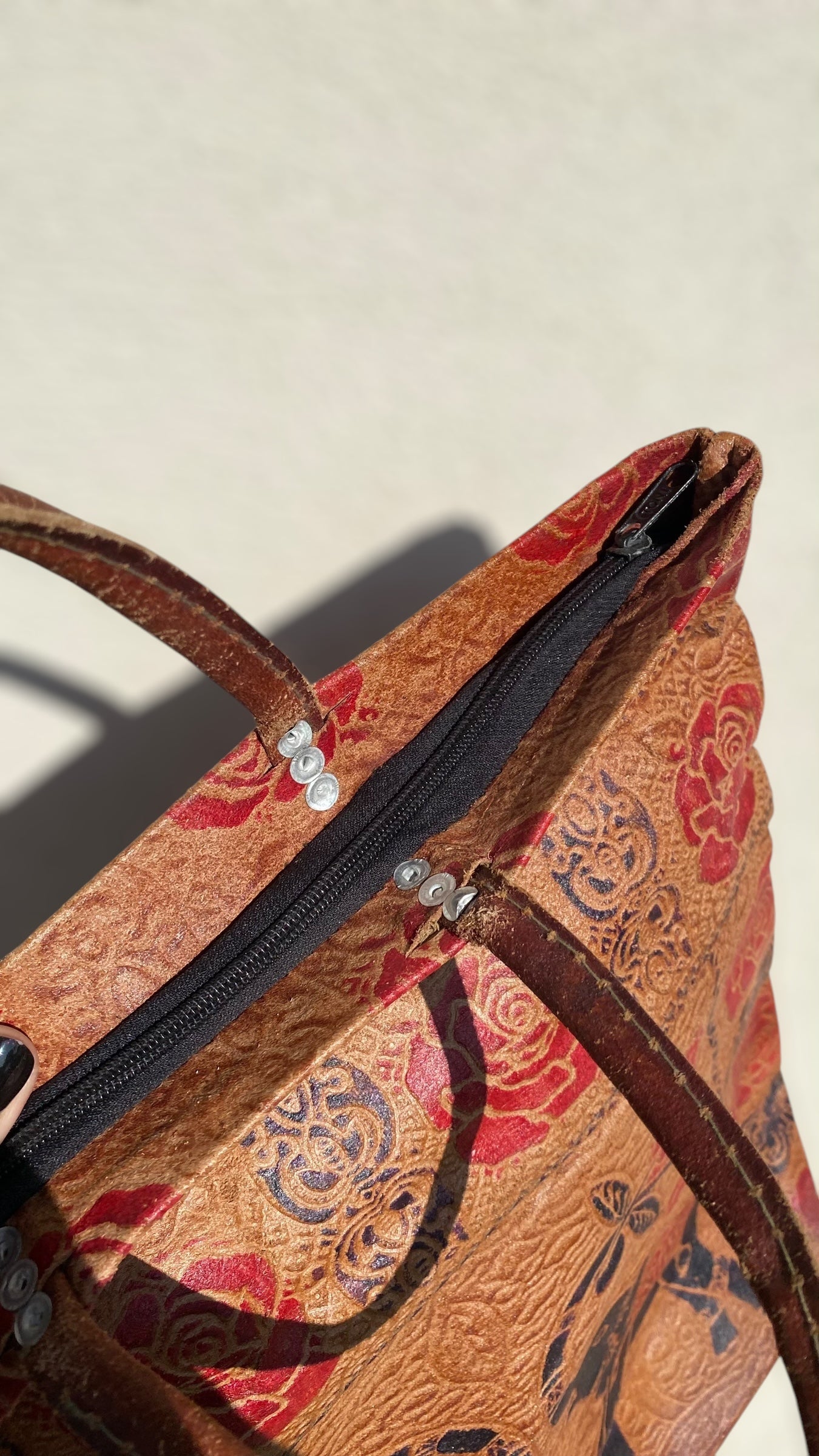 Vintage Shantiniketan leather tote bag with elephants