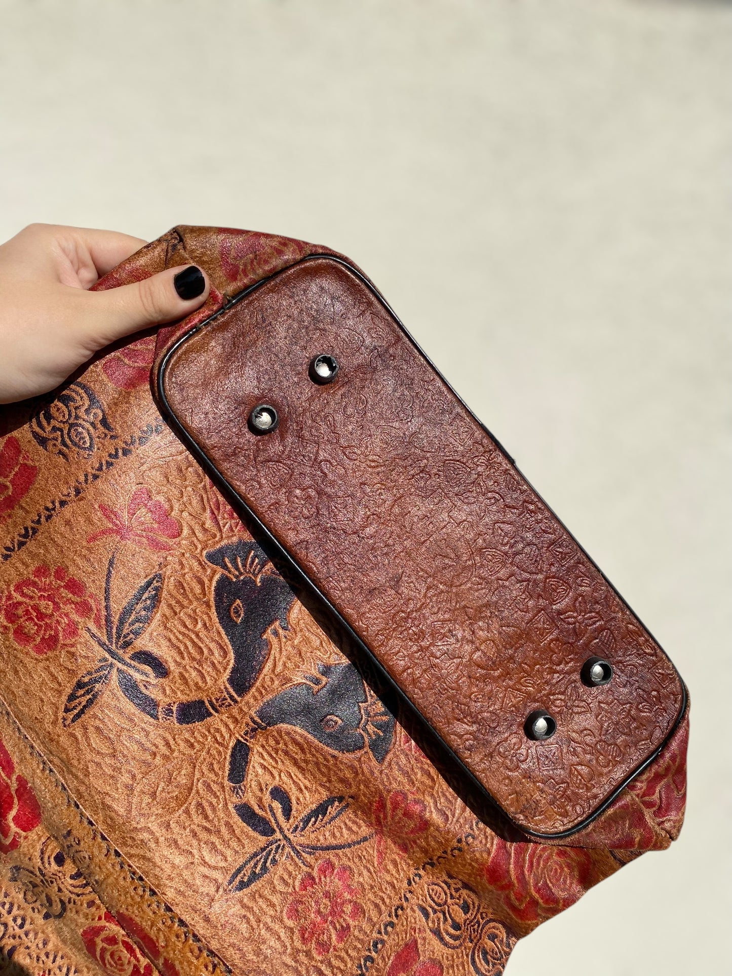 Vintage Shantiniketan leather tote bag with elephants