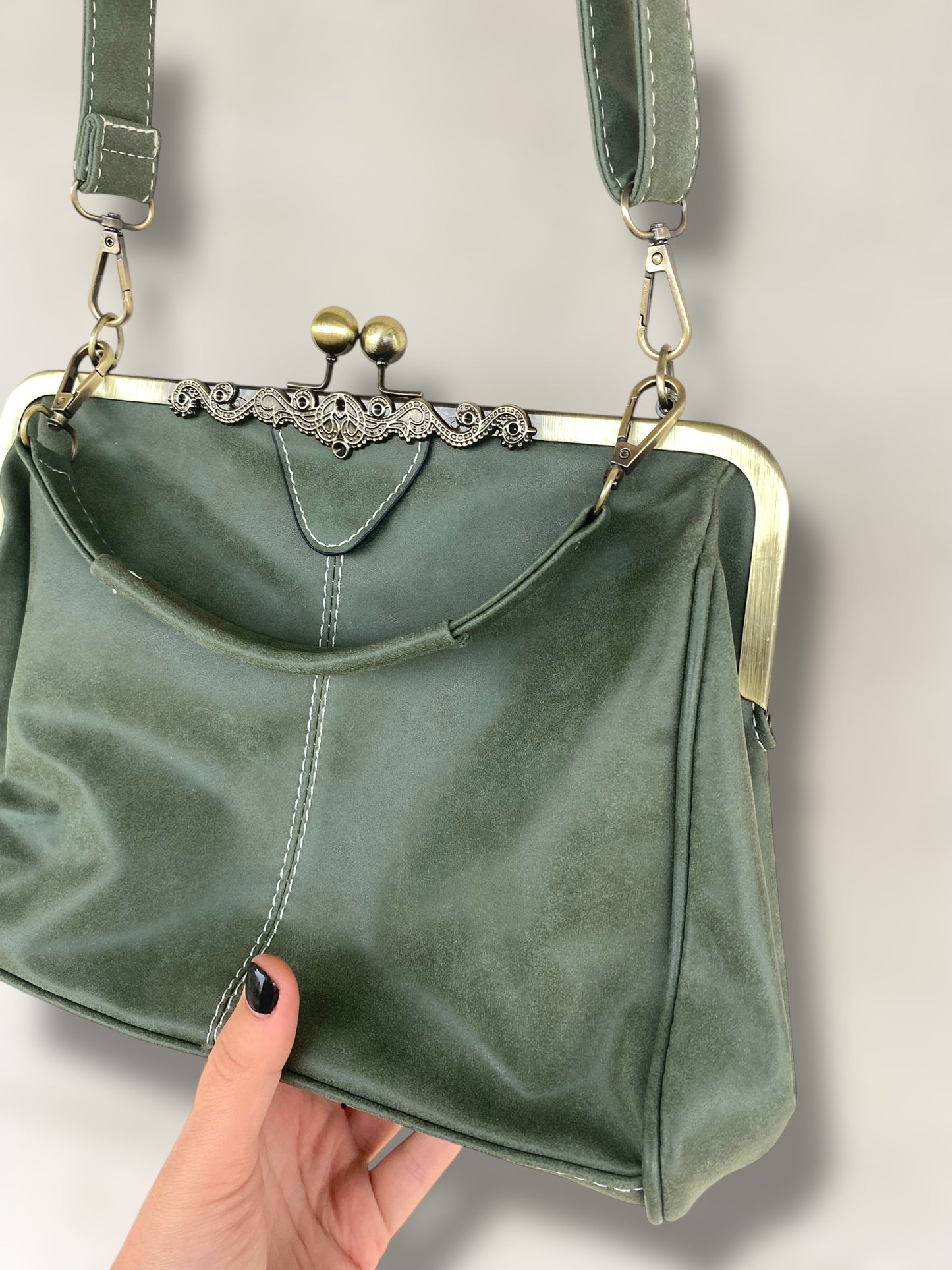 Sage green vintage suede leather clutch bag.