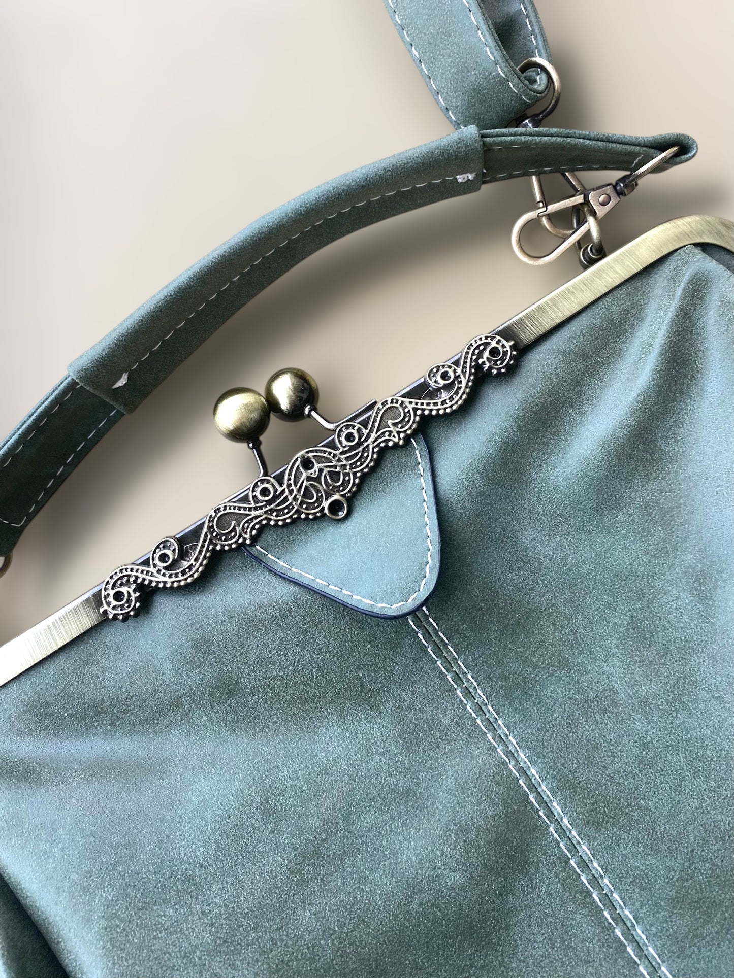 Sage green vintage suede leather clutch bag.