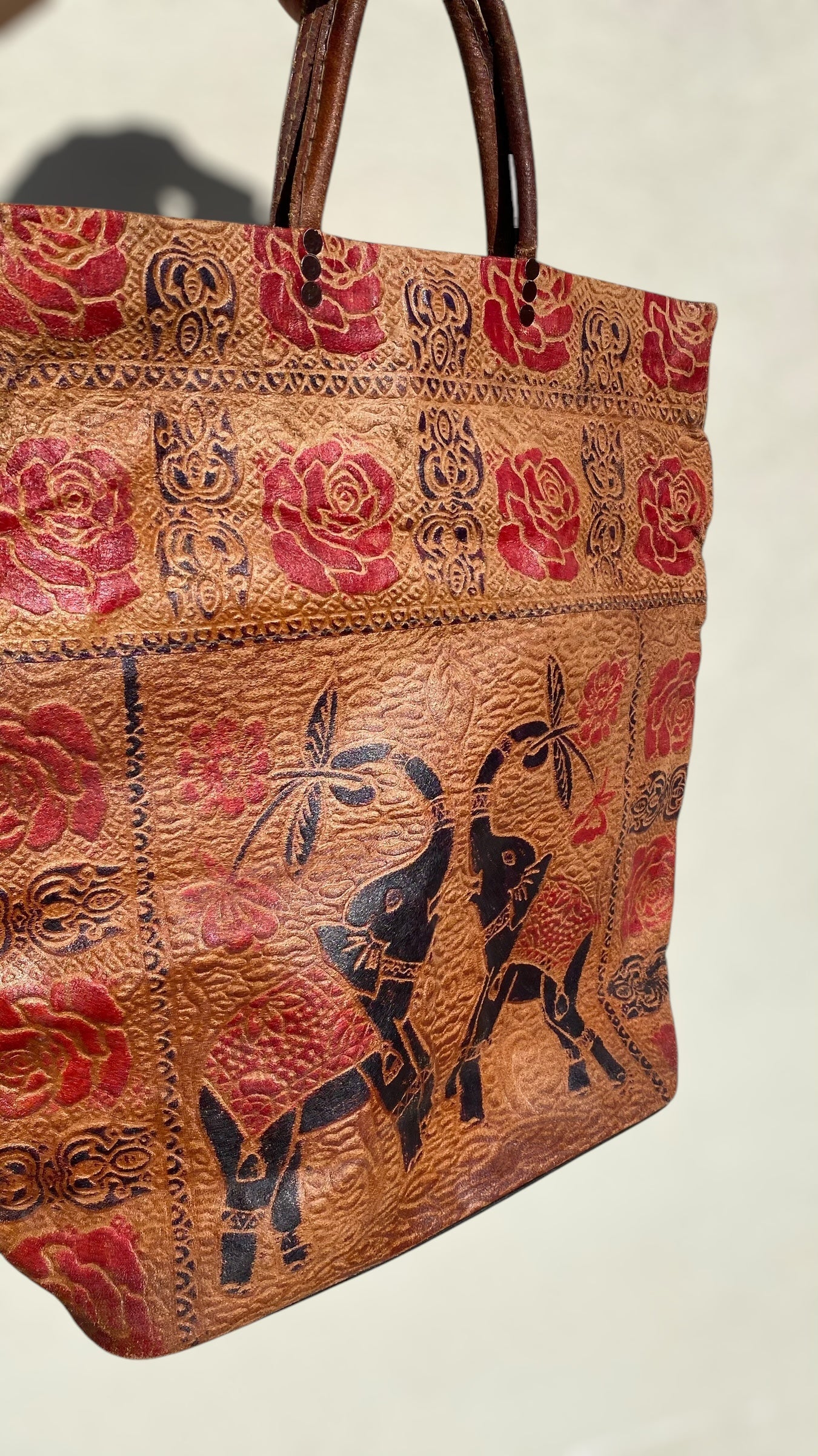 Vintage Shantiniketan leather tote bag with elephants