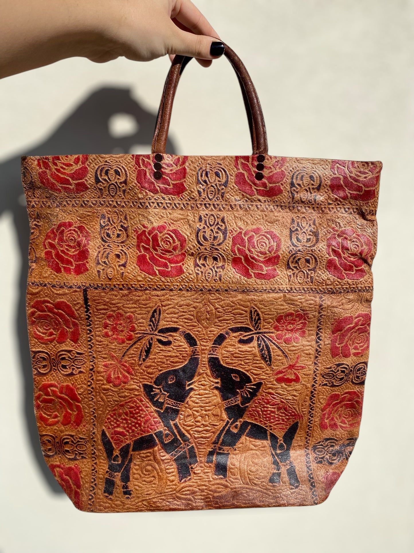 Vintage Shantiniketan leather tote bag with elephants