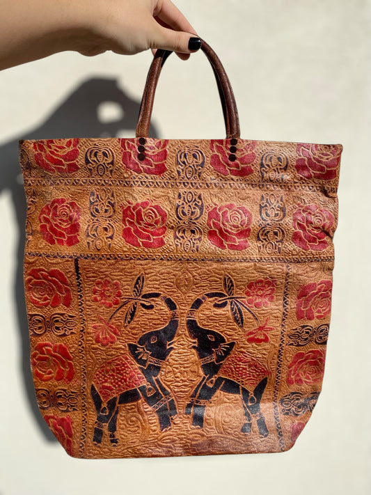 Vintage Shantiniketan leather tote bag with elephants
