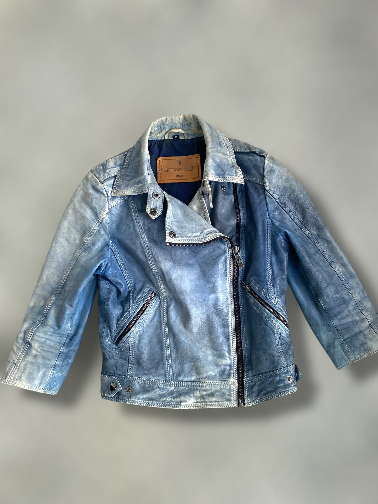 Vintage sky blue leather biker jacket