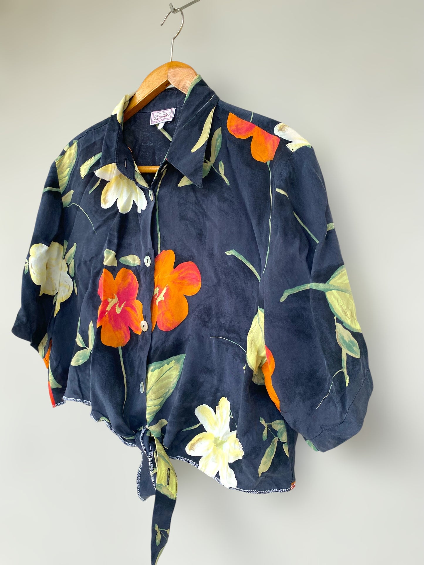 Dark floral reworked cropped vintage shirt