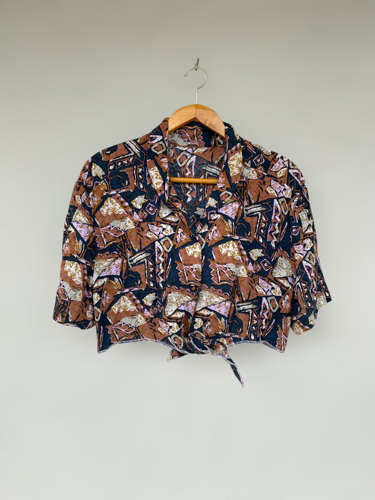 Earthy patterns vintage reworked cropped shirt