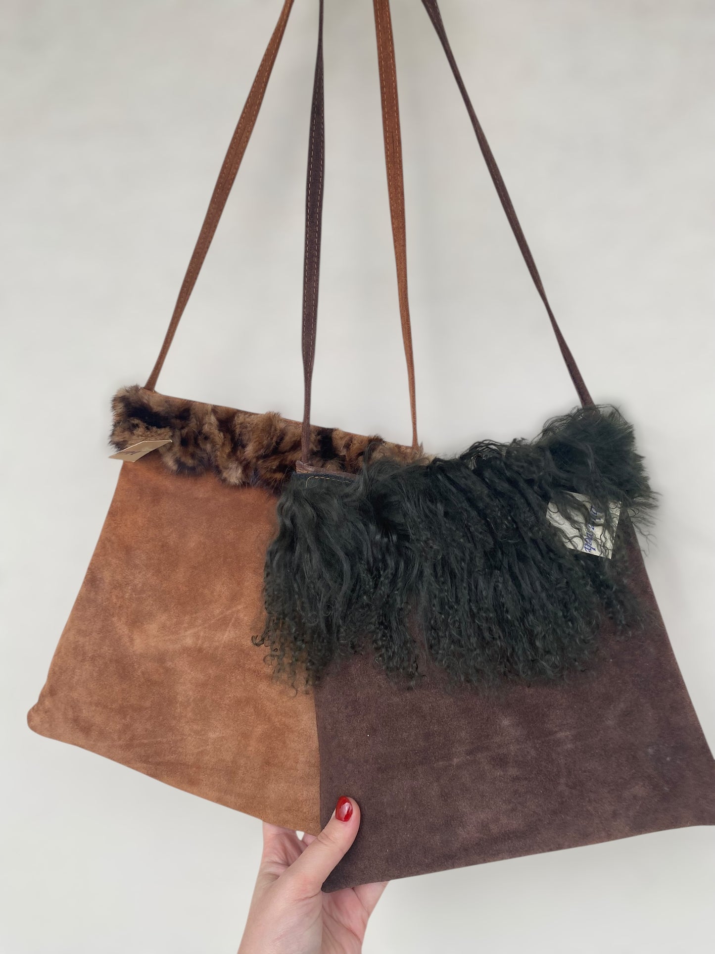 Deadstock suede leather shoulder bag with furry design