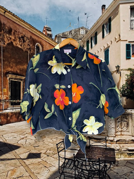 Dark floral reworked cropped vintage shirt