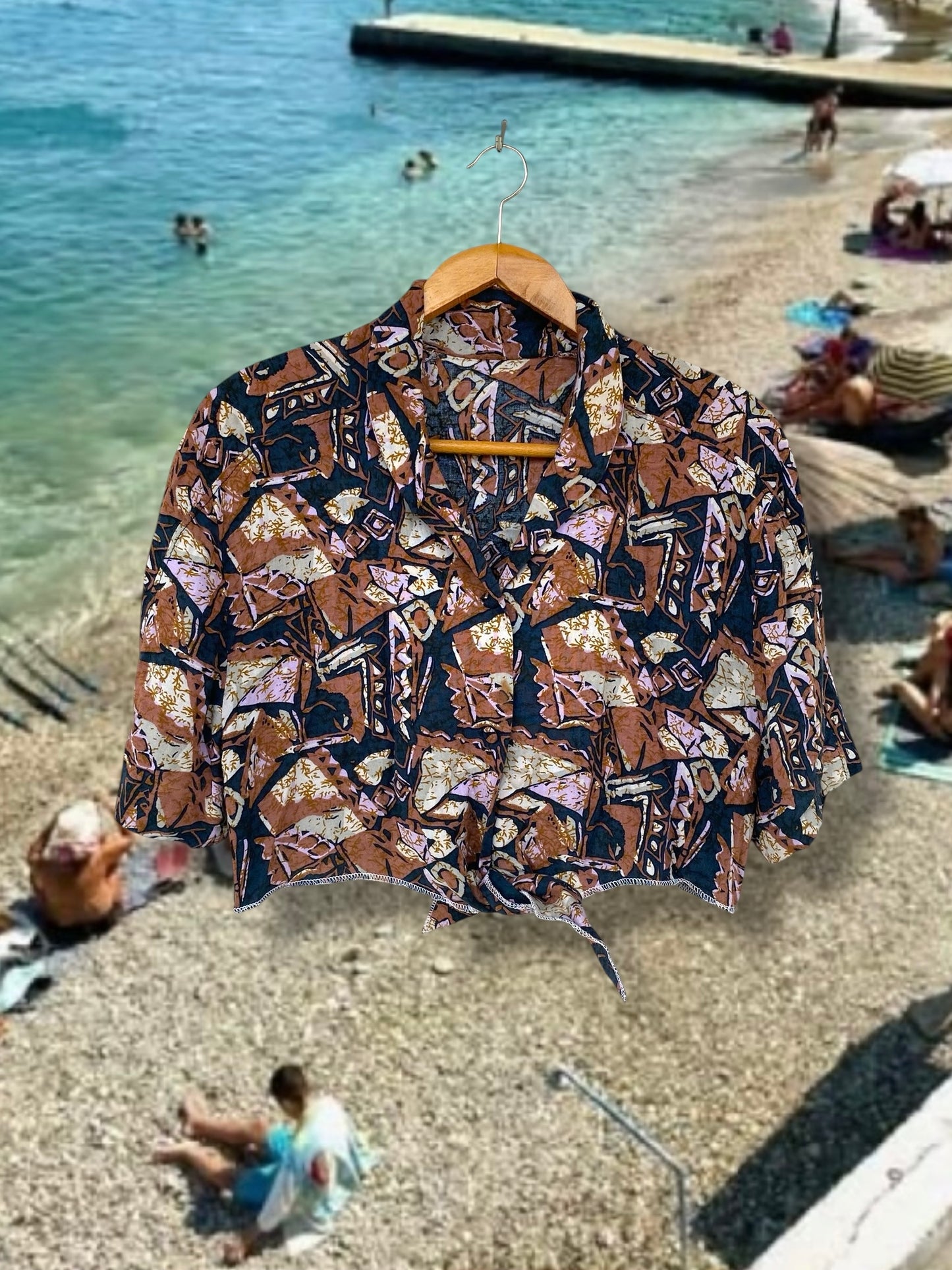 Earthy patterns vintage reworked cropped shirt