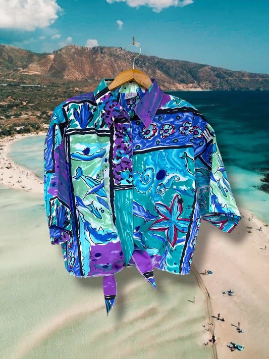 “Ocean bottom life” vintage reworked cropped shirt