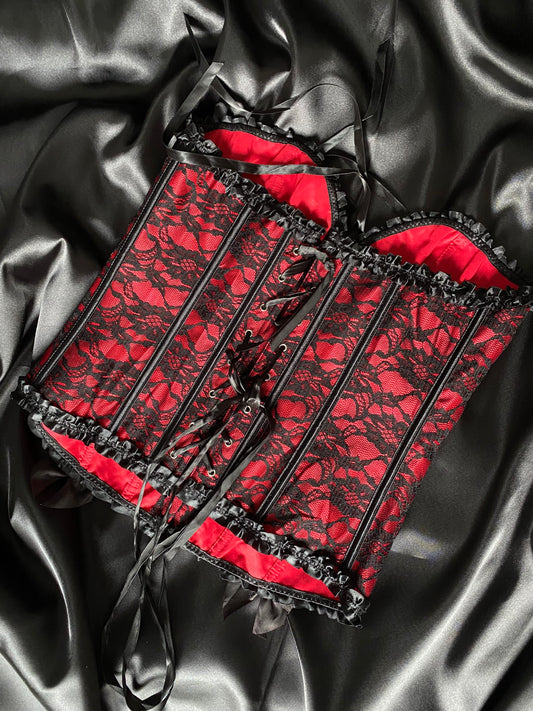 Black and red lace corset